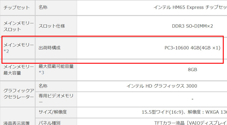 パソコン仕様書メモリ確認